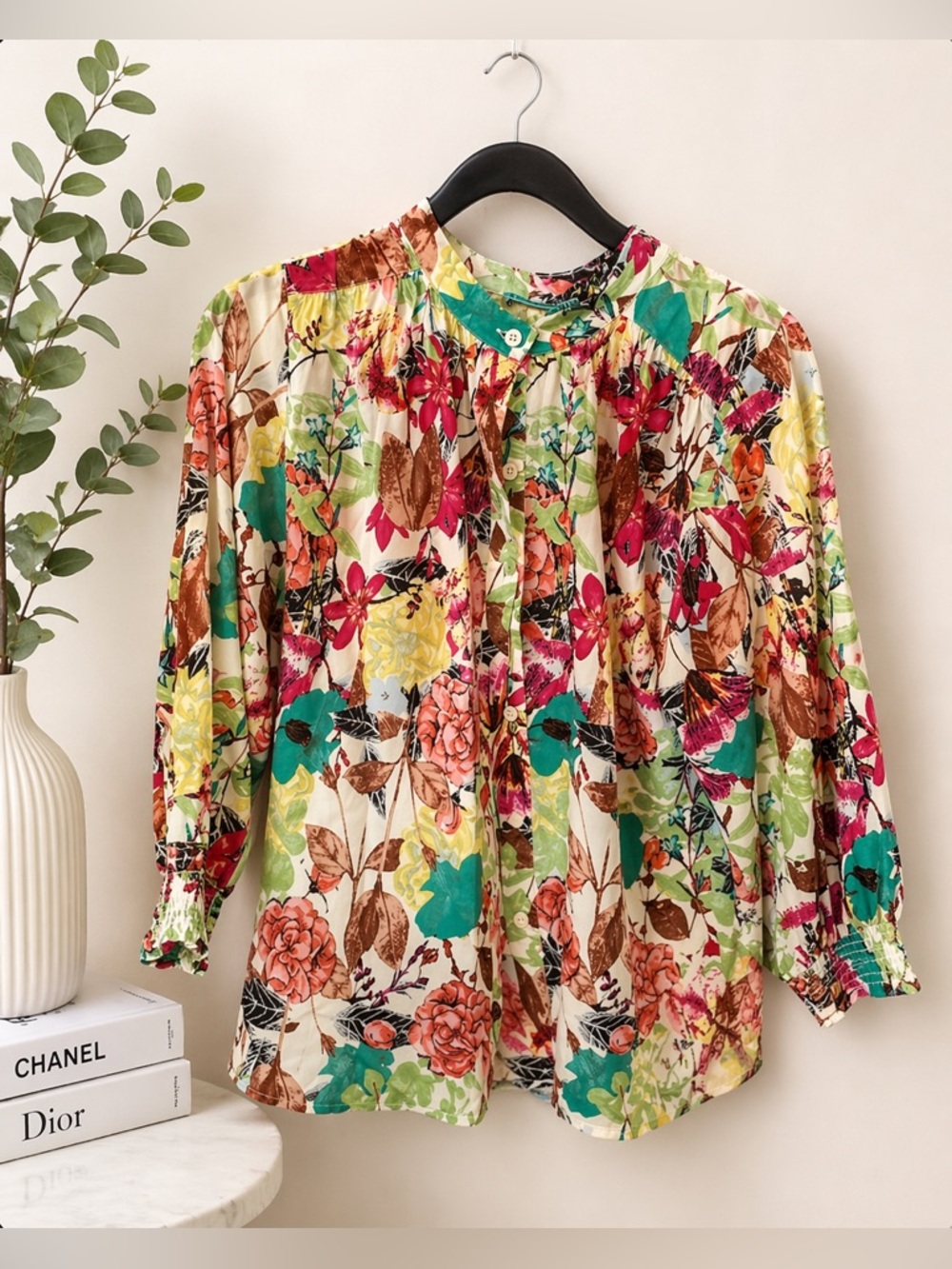 Alice + Olivia Silk Floral Button Down Blouse Red Green Size M